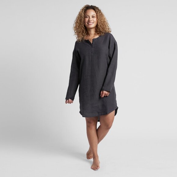 PARACHUTE 100% Linen Sleep Shirt Dress 1/4 Button Long Sleeve Charcoal - Picture 1 of 12